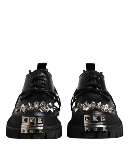 Dolce & Gabbana Black Leather Embellished Trekking Derby Shoes