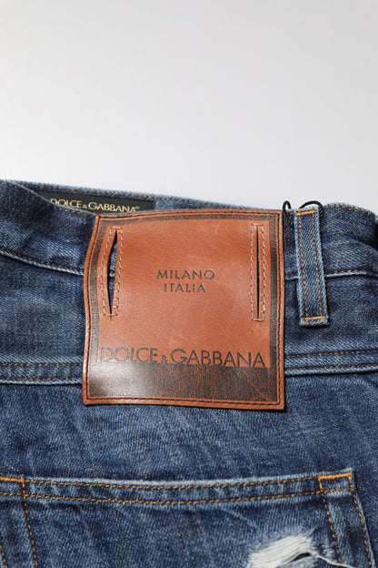 Dolce & Gabbana Blue Cotton Tattered Tapered Men Denim Jeans