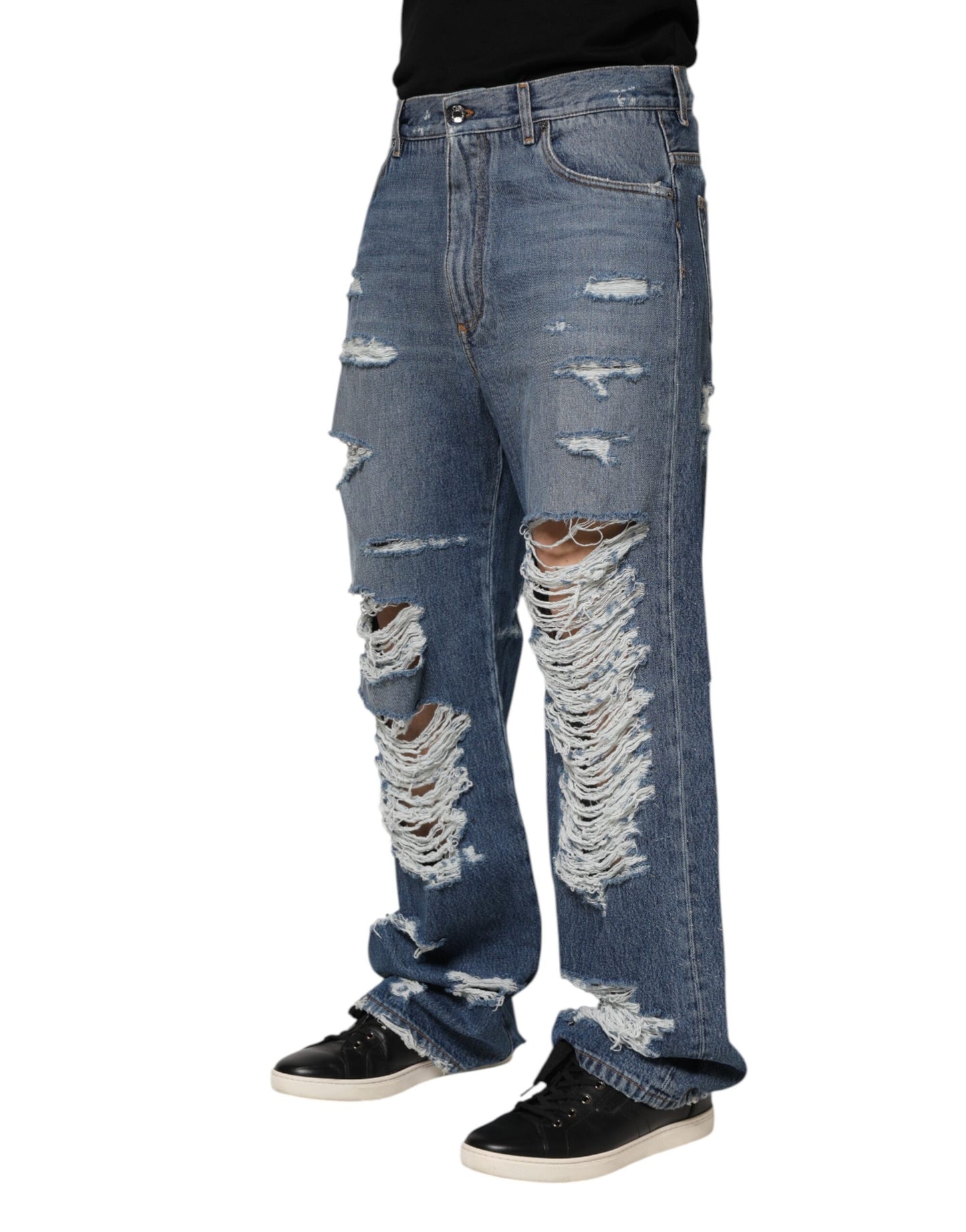 Dolce & Gabbana Blue Tattered Cotton Logo Plaque Denim Jeans