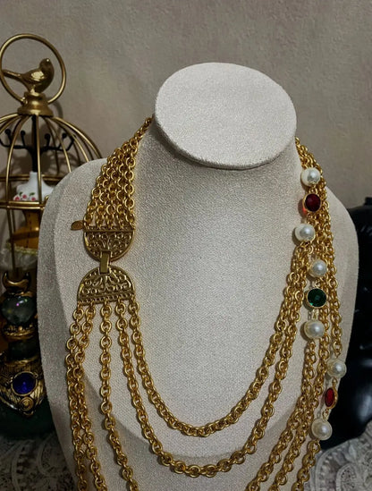 Retro plain gold multi-layer crystal glass pearl niche necklace