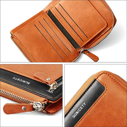 Cartera de cuero de moda para hombre con cremallera, bolso de cuero RFID, tarjetero multifunción