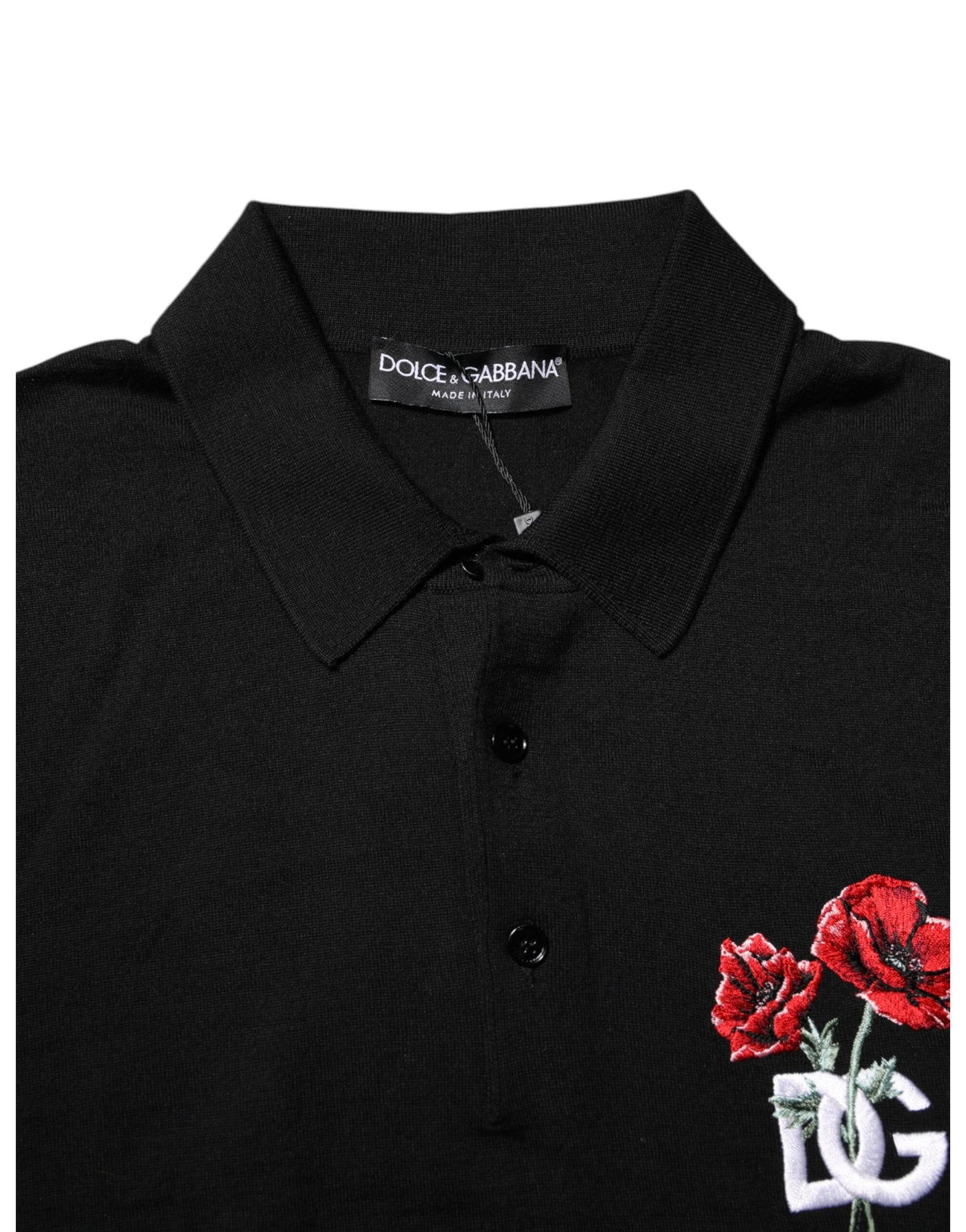 Dolce & Gabbana Black Wool DG Logo Rose Collared Polo T-shirt