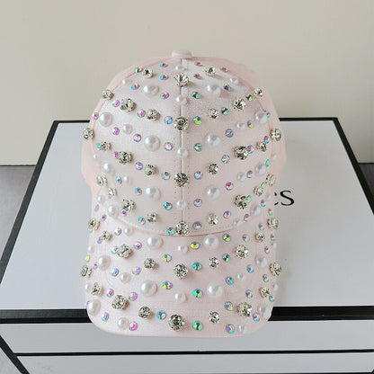 Gorra de béisbol con perlas y diamantes de imitación para mujer y niña, ajustable, color blanco y rosa, a la moda, de alta calidad