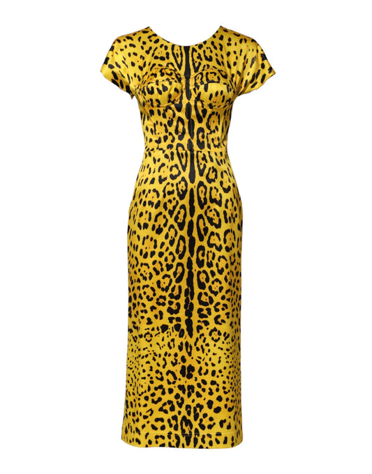 Dolce & Gabbana Yellow Polyester Leopard Midi Sheath Dress
