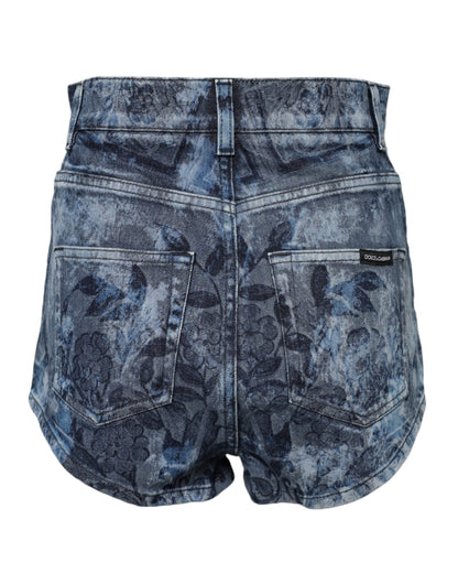 Dolce & Gabbana Blue Floral Print Denim Cotton Hot Pants Shorts