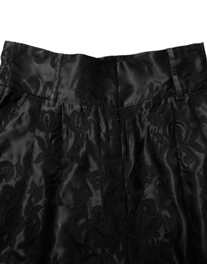 Dolce & Gabbana Black Floral Embroidery Silk High Waist Shorts
