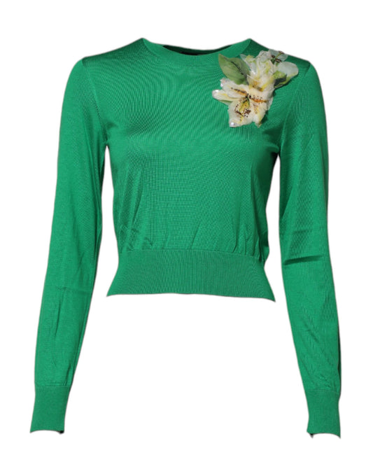 Dolce & Gabbana Green Floral Detailing Silk Pullover Sweater