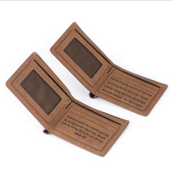 Cartera corta de cuero sintético para hombre, con patrón grabado personalizado, plegable, con foto grabada e inscripción personalizada.