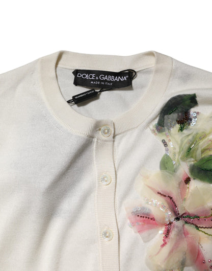 Dolce & Gabbana White Silk Lily Embellished Cardigan Sweater