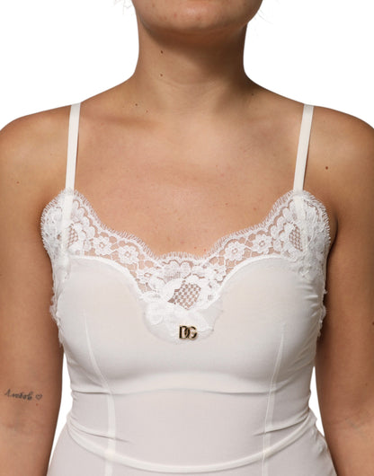 Dolce & Gabbana White Lace Gold DG Logo Silk Dress Sleepwear