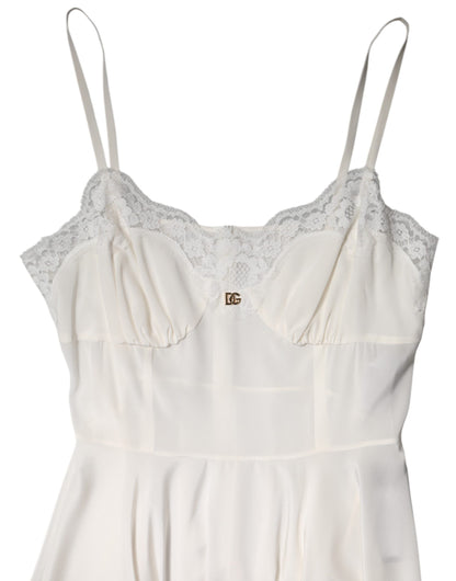 Dolce & Gabbana White Lace Gold DG Logo Silk Dress Sleepwear