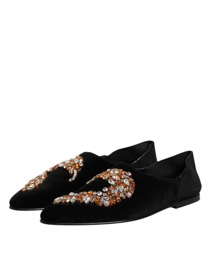 Dolce & Gabbana Black Velvet Embellished Loafer Slip On Shoes