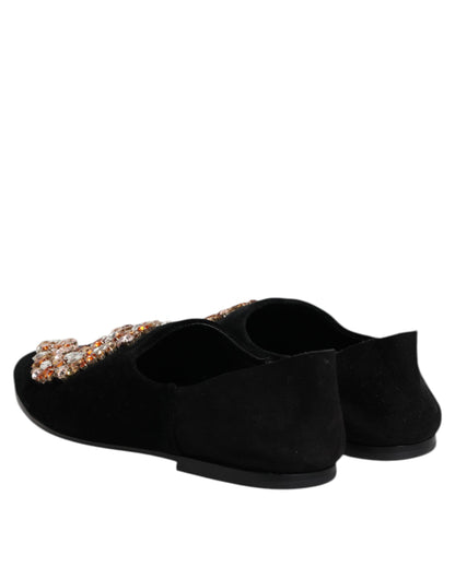 Dolce & Gabbana Black Velvet Embellished Loafer Slip On Shoes