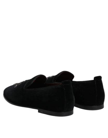 Dolce & Gabbana Black Velvet Embellished Loafer Slip On Shoes