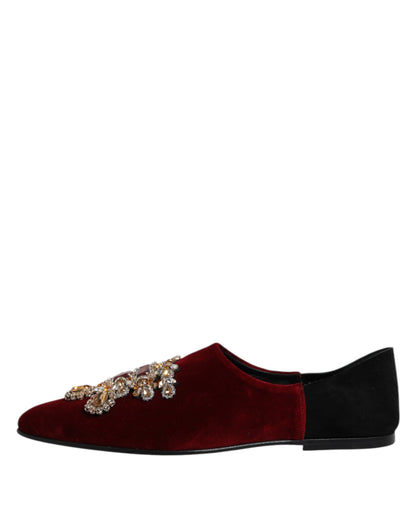 Dolce & Gabbana Black Red Velvet Embellished Slip On Shoes