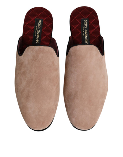 Dolce & Gabbana Beige Capra Suede Slides Flat Slipper Shoes