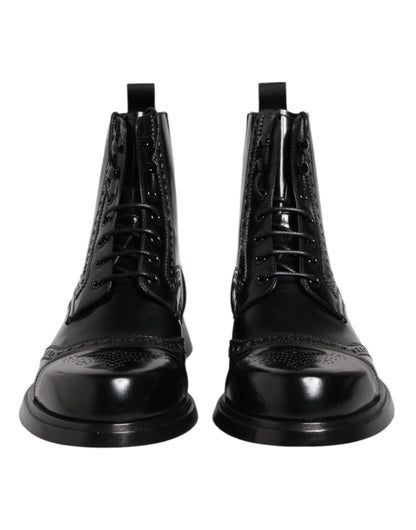 Dolce & Gabbana Black Leather Lace Up Mid Calf Boots Shoes