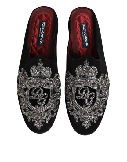 Dolce & Gabbana Black Velvet Slides DG Crown Slipper Shoes