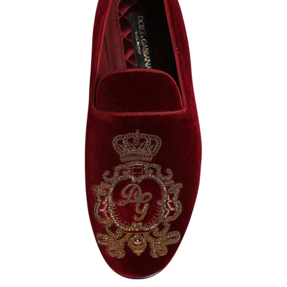 Dolce & Gabbana Red Velvet Gold Crown Mens Loafers Shoes