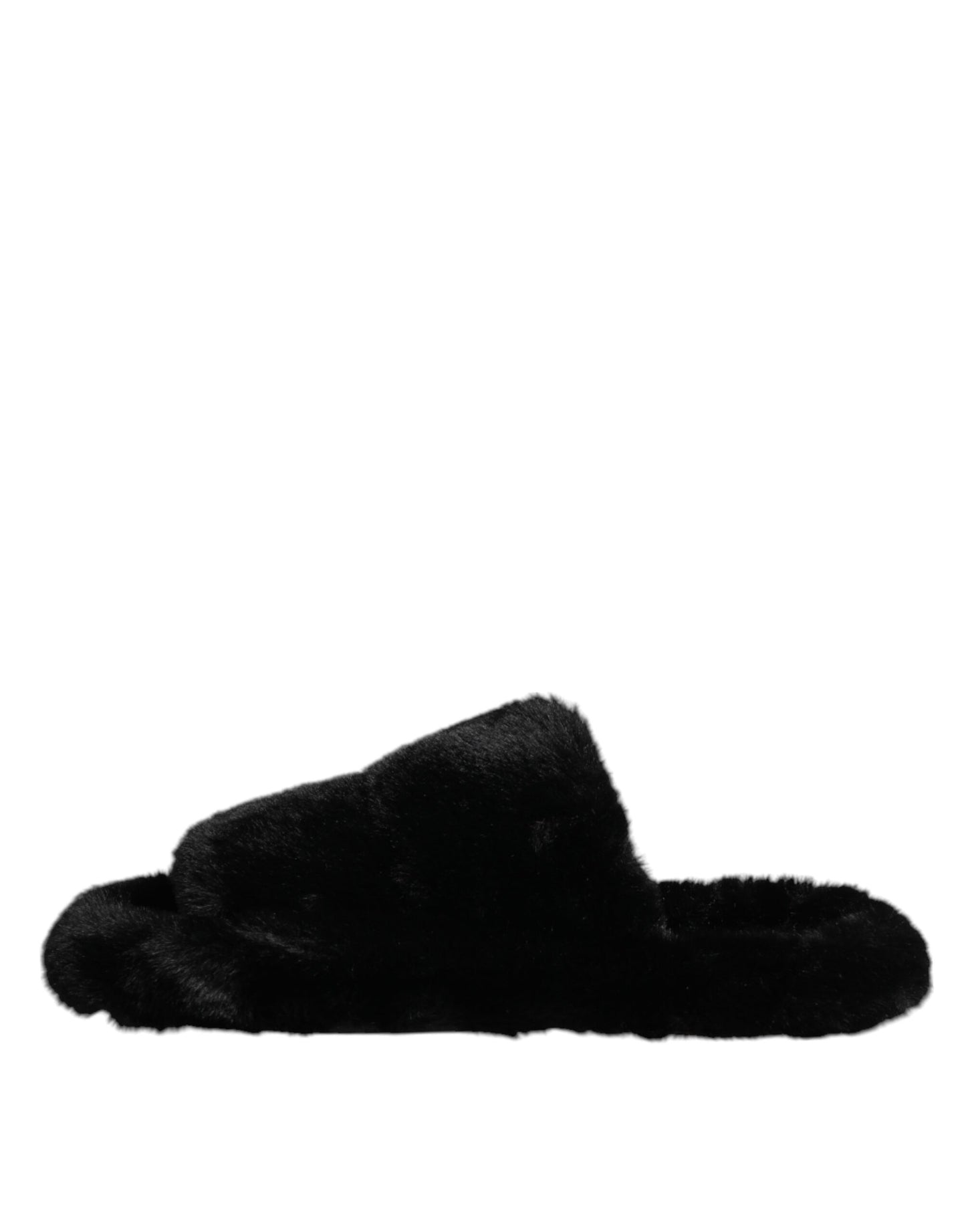 Dolce & Gabbana Black Faux Fur Flats Men Sandals Shoes