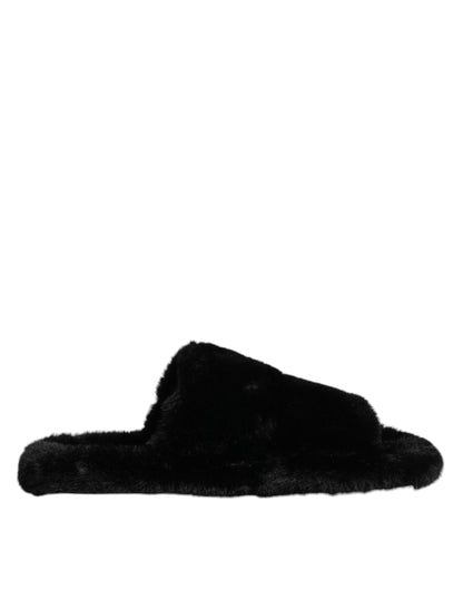 Dolce & Gabbana Black Faux Fur Flats Men Sandals Shoes