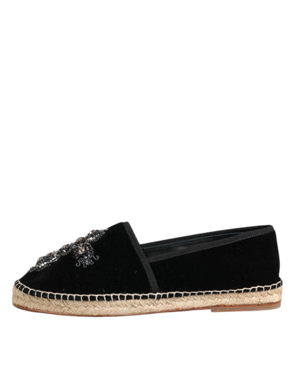 Dolce & Gabbana Black Cross Crystal Slip On Espadrille Shoes