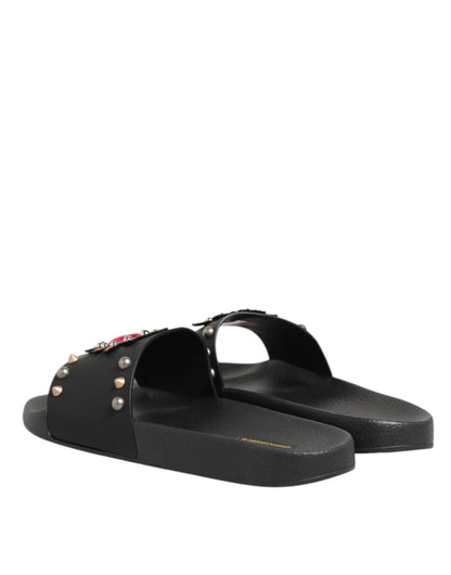 Dolce & Gabbana Black Rubber Sacred Heart Slides Men Beachwear Shoes