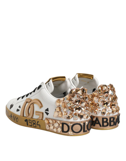 Dolce & Gabbana White Gold Crystal Portofino Sneakers Shoes
