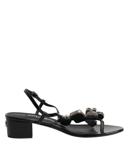 Dolce & Gabbana Black Leather Crystal Ankle Strap Sandals Shoes