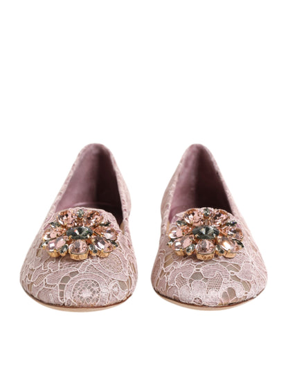 Dolce & Gabbana Pink Taormina Lace Crystals Flats Shoes