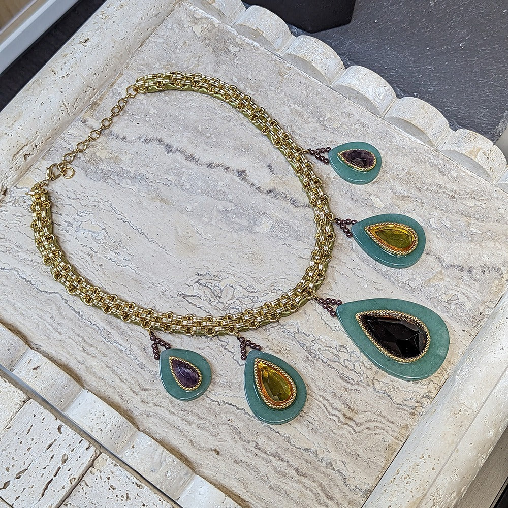 European and American retro heavy-duty woven Cuban thick chain natural stone droplet malachite green exaggerated luxury necklace