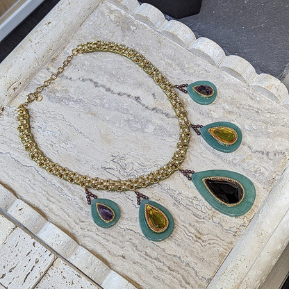 European and American retro heavy-duty woven Cuban thick chain natural stone droplet malachite green exaggerated luxury necklace