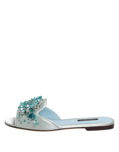 Dolce & Gabbana Silver Blue Leather Bead Embellish Slide Shoes