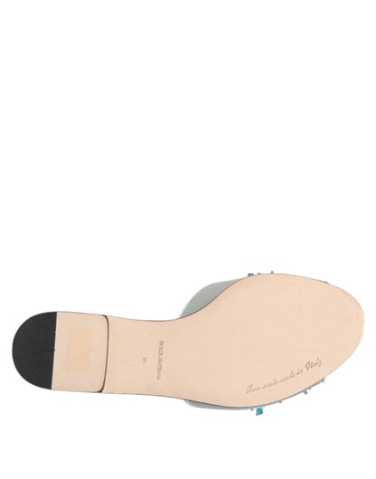 Dolce & Gabbana Silver Blue Leather Bead Embellish Slide Shoes