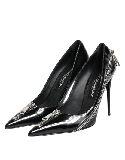 Dolce & Gabbana Black Patent Leather Zipper Heels Pumps Shoes