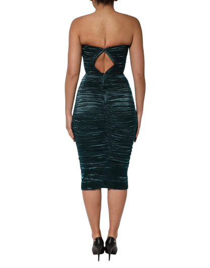 Dolce & Gabbana Green Silk Satin Fitted Strapless Dress