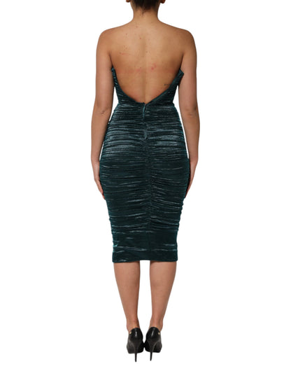 Dolce & Gabbana Green Silk Satin Fitted Strapless Dress