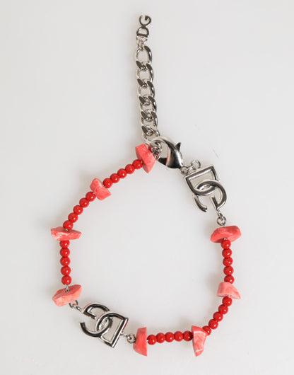 Dolce & Gabbana Silver Tone Brass Beaded Resin DG Logo Chain Men Bracelet