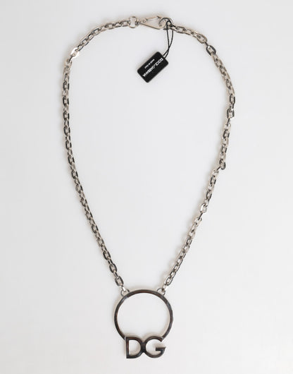 Dolce & Gabbana Silver Tone Brass Chain DG Logo Pendant Men Necklace
