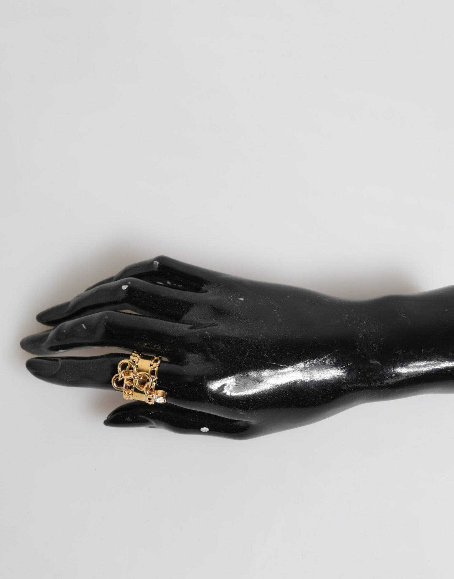 Dolce & Gabbana Gold Tone Brass Logo Chain Clear Crystals Adjustable Ring