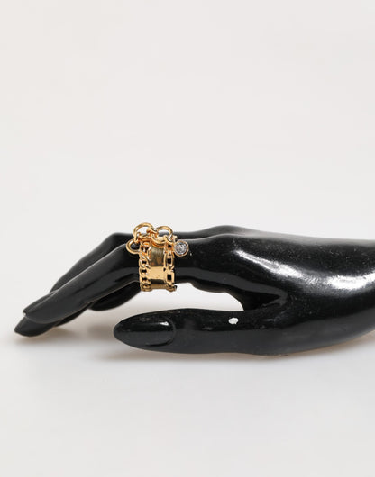 Dolce & Gabbana Gold Tone Brass Logo Chain Clear Crystals Adjustable Ring
