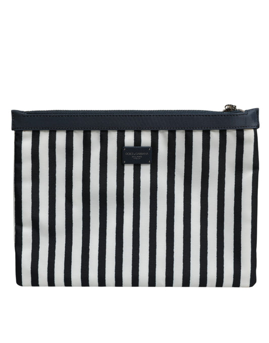 Dolce & Gabbana Black White Striped Logo Plaque Clutch Pouch Bag