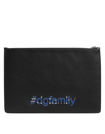 Dolce & Gabbana Black Leather #DGFAMILY Embellished Men Clutch Pouch Bag
