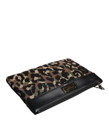 Dolce & Gabbana Multicolor Leopard Print Jacquard Logo Plaque Pouch Bag