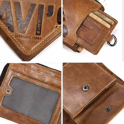 Cartera corta de piel de vaca auténtica para hombre, moderna, informal, con cremallera