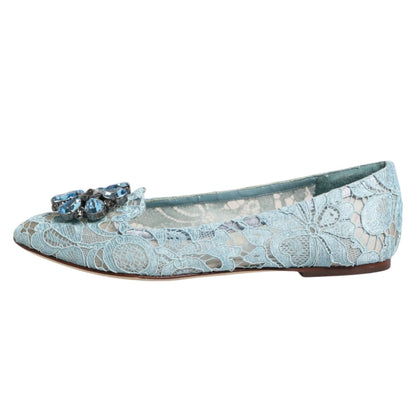 Dolce & Gabbana Blue Lace Crystal Ballet Flats Loafers Shoes