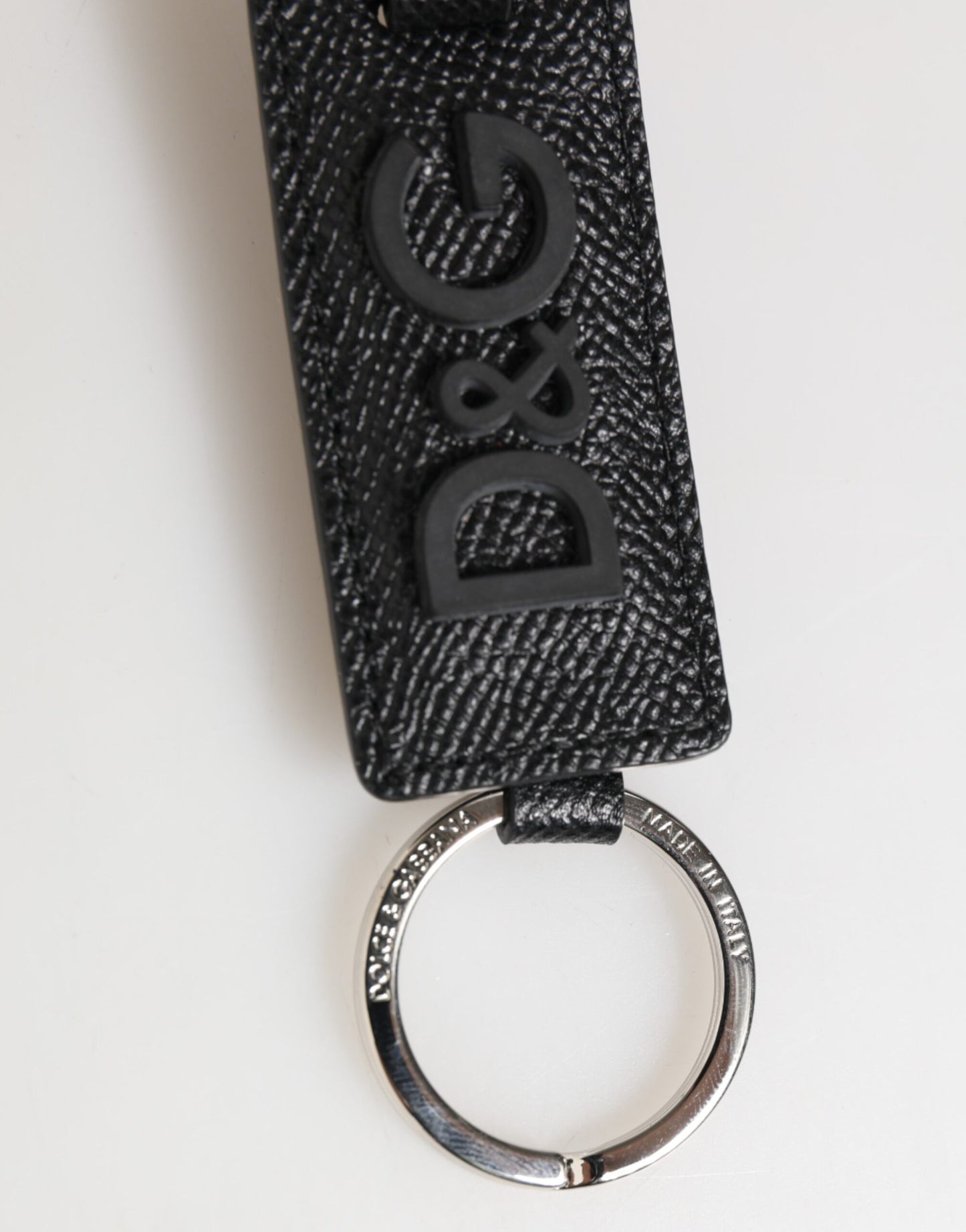 Dolce & Gabbana Black Leather Logo Metal Ring Keychain Holder Keyring