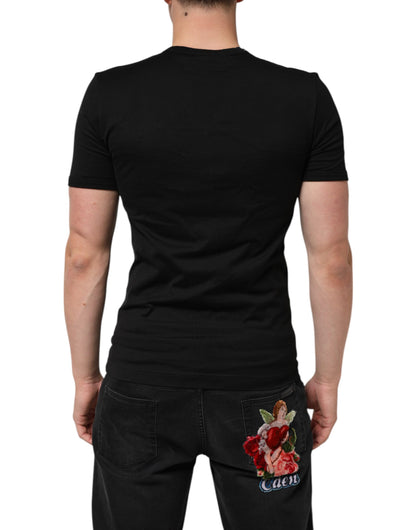 Dolce & Gabbana Black Cotton Plain V-Neck Men Shirt T-shirt