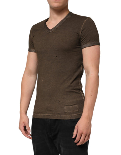 Dolce & Gabbana Dark Brown Cotton Tattered Logo Men T-shirt