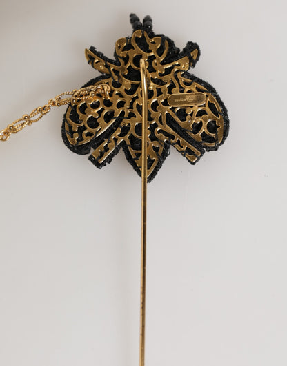 Dolce & Gabbana Lapel Pin Gold Brass Black Crystal Bee Accessories Brooch